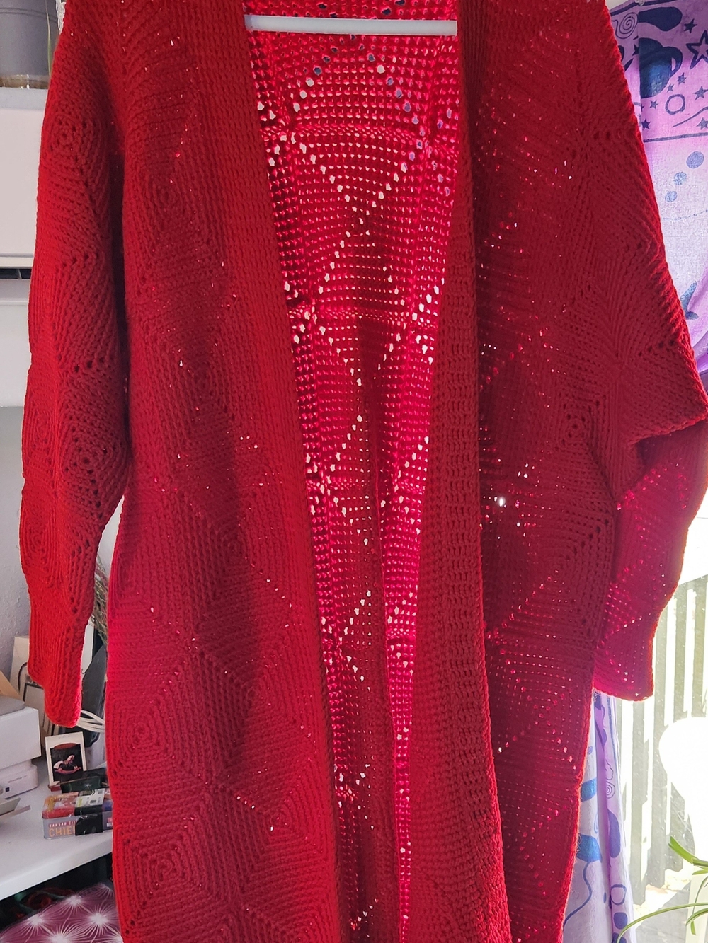 Red Crochet Long Cardigan, probably vintage & handmade.